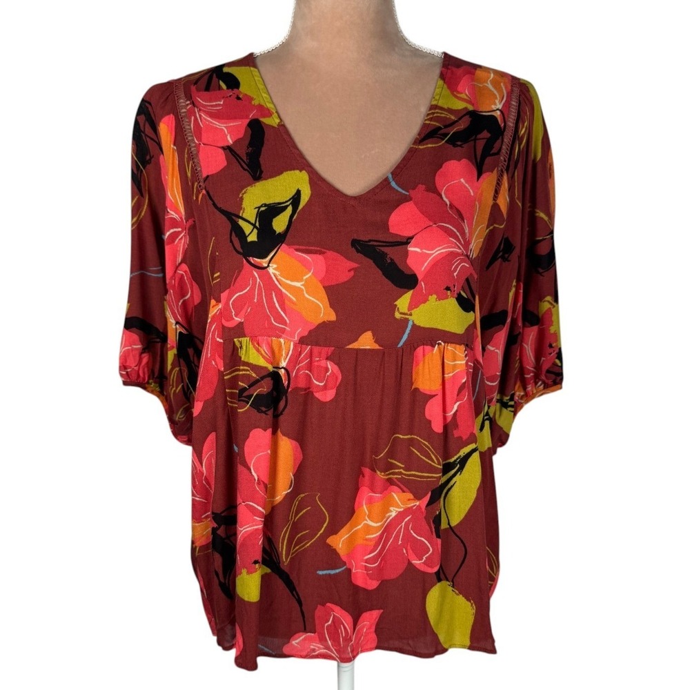 Maeve Anthropologie Top Womens XS Burgundy Floral V-Neck Balloon Sleeve Boho